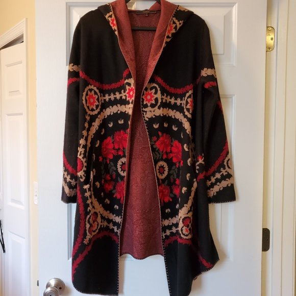 MaxSport LA Jackets & Blazers - MaxSport Long Black and Red Floral Boho Cardigan Sweater Duster with Hoo…